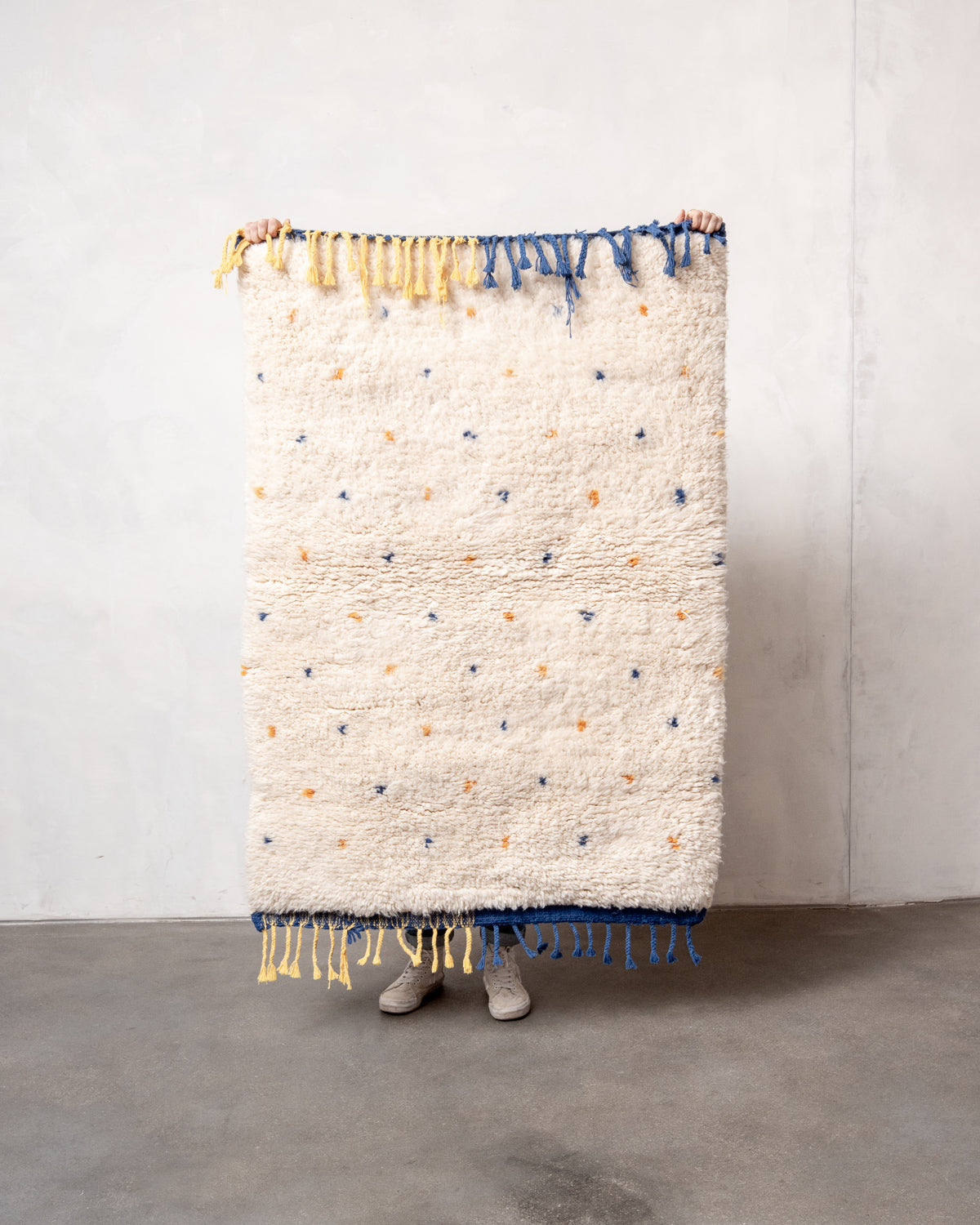 Modern, designer, handcrafted Berber rug from Morocco. Beniourain carpet with beautiful colours and patterns and fluffy wool texture.